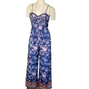 Band of Gypsies Floral Jumpsuit Wide Leg Pockets Sz M Blue #95F